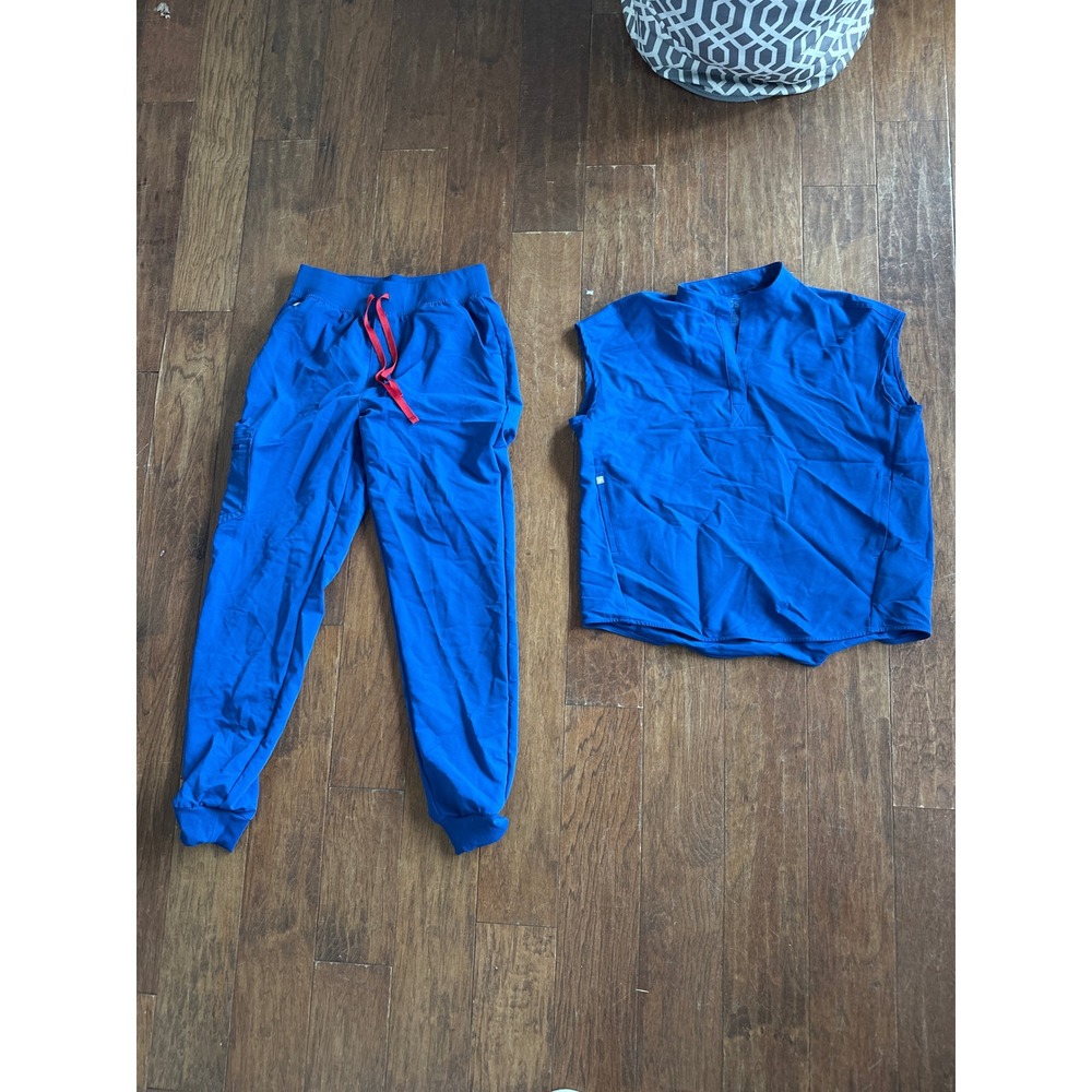 FIGS Royal Blue Scrub Top and Jogger Pants Set with Red Drawstring